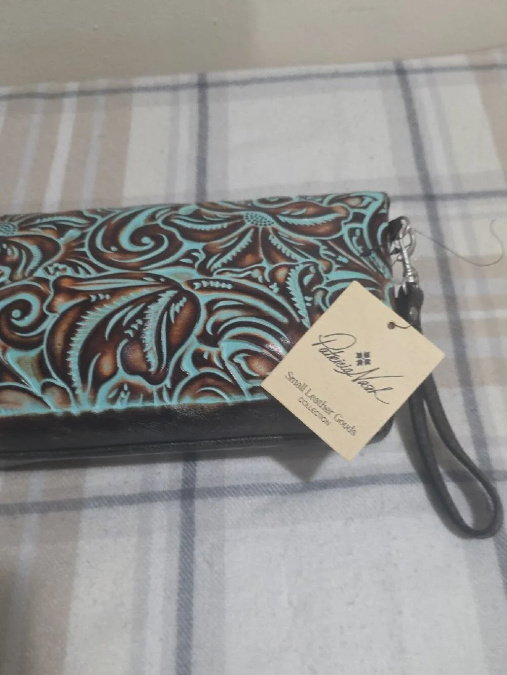 Tooled Floral Leather Wristlet - Turquoise & Brown